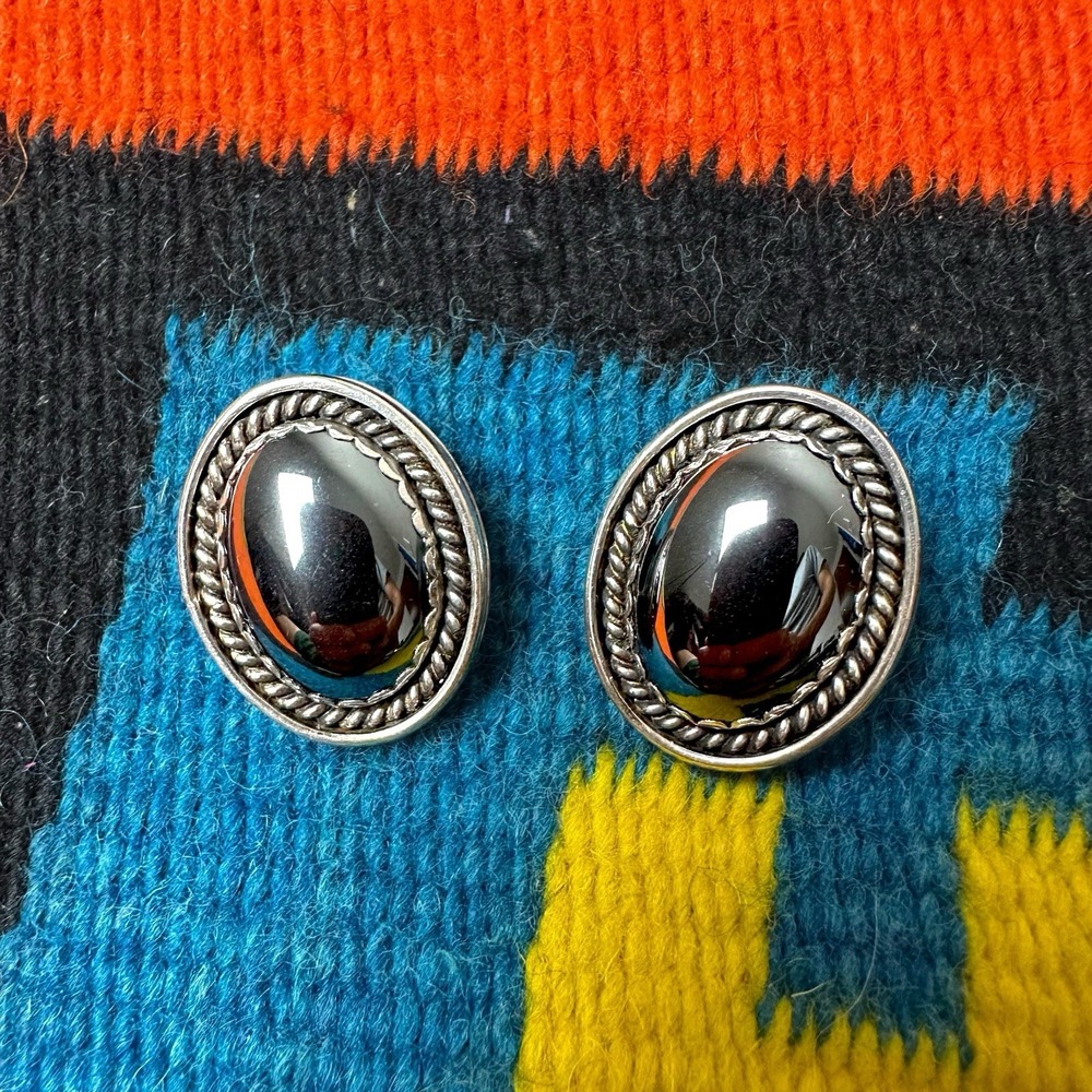 Vintage Whiting & Davis Hematite Cabochon Silver‎ Tone Earrings, 1960s Southwest